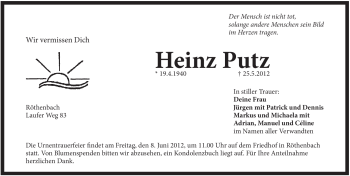 Traueranzeige von Heinz Putz von Pegnitz-Zeitung